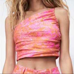 Zara Pink and Orange Floral Paisley One Shoulder Top NWT